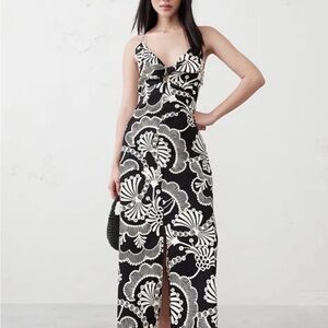 Black & White Floral Strappy Maxi Dress with Front Slit